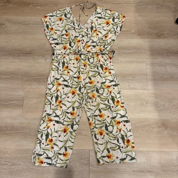 Kensie Jeans 100% Linen Floral Print Jumpsuit Relaxed Boho Lagenlook Sz Large - Picture 9 of 12